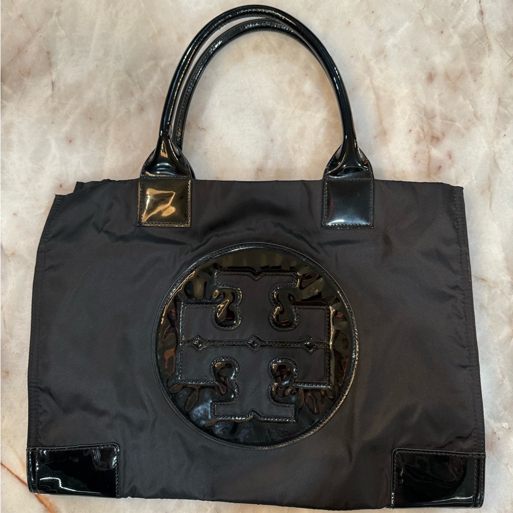 Tory Burch Black Tote with Glossy Accents